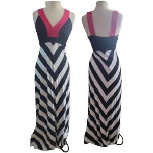 Karen Kane Black and White Chevron Maxi Dress with Red Accents